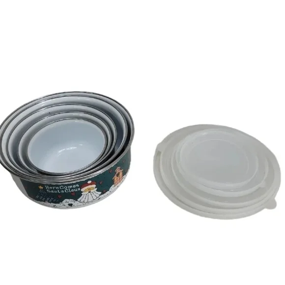 Vintage 10pc Christmas Santa Enamel Metal Nesting Bowl Stacking Set w/Lids New - Picture 2 of 10